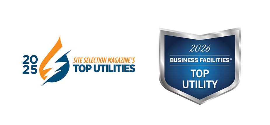 Award icons for 2025 Site Selection Magazine Top Utilities and 2026 Business Facilities